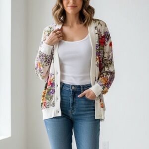BLAIR Women's Floral Cardigan Sweater, Size M, White Multi-color